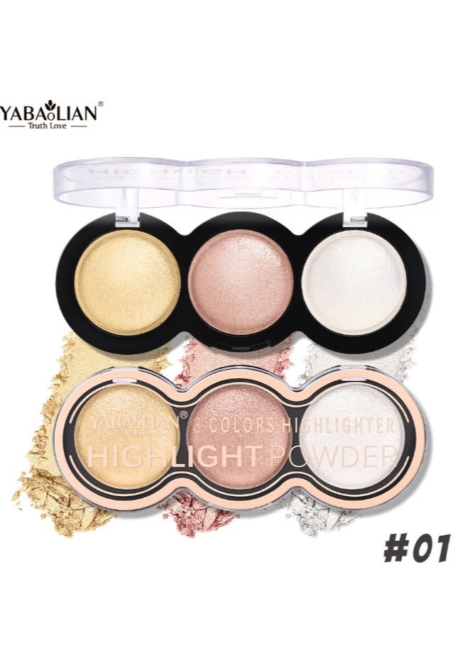 Yabaolian 3 Color Glitter Highlighter Powder Palette,3 in 1 Blush and Highlighter Powder Makeup,Waterproof Long Lasting,Highly Pigmented Face Illuminator for a Glowing Look 1 Pcs Palette No 1 - Image 2