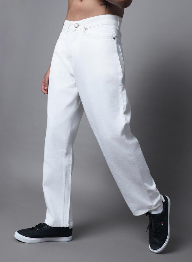 HIGH STAR Men's White Cotton Blend Solid Pattern Full Length Straight Fit Jeans - Image 3