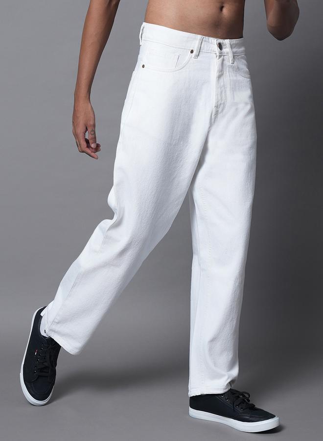 HIGH STAR Men's White Cotton Blend Solid Pattern Full Length Straight Fit Jeans - Image 2