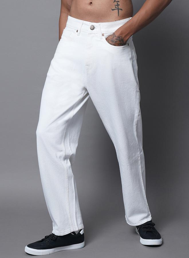 HIGH STAR Men's White Cotton Blend Solid Pattern Full Length Straight Fit Jeans - Image 1