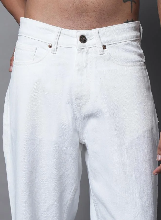 HIGH STAR  Men's White Cotton Blend Solid Pattern Full Length Straight Fit Jeans for Men | Best Price UAE