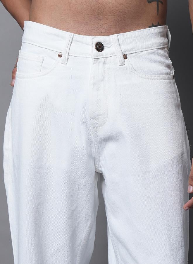 HIGH STAR Men's White Cotton Blend Solid Pattern Full Length Straight Fit Jeans - Image 5