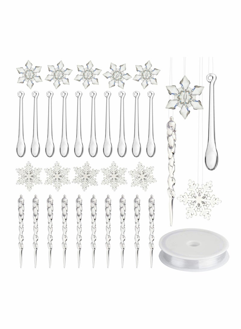 SYOSI Acrylic Crystal Decorations Set, 40pcs New Year Decorations Snowflake Icicle Ornaments with Crystal Line Clear Tree Decor Indoor for Home Wedding Festival Party - Image 1