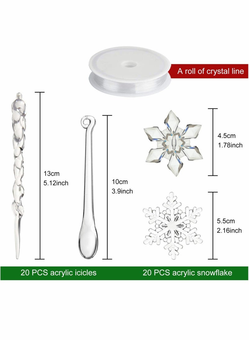 SYOSI Acrylic Crystal Decorations Set, 40pcs New Year Decorations Snowflake Icicle Ornaments with Crystal Line Clear Tree Decor Indoor for Home Wedding Festival Party - Image 3