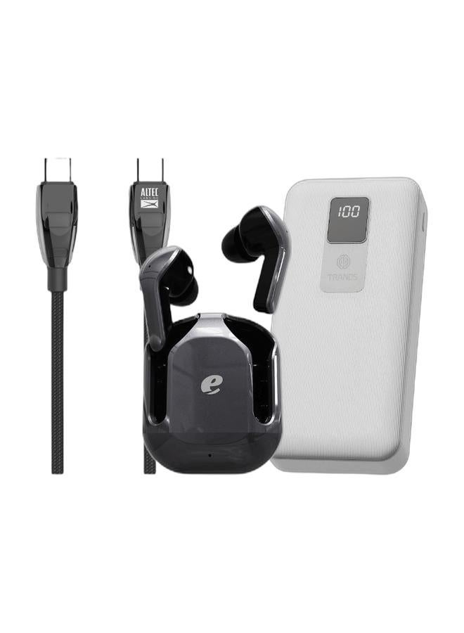 Acer [Ultimate 3-in-1 Mobility Kit] Acer True Wireless Earbuds + Trands 22.5W 20000mAh Power Bank + Altec Lansing 100W Braided USB-C Cable - Black & White - Image 2