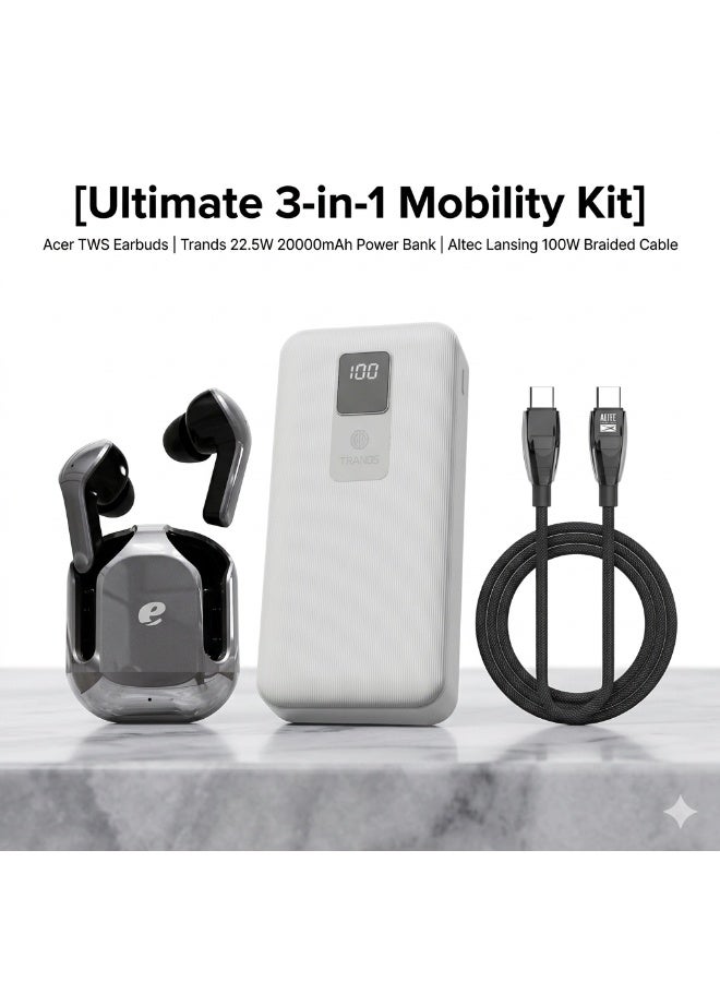 Acer [Ultimate 3-in-1 Mobility Kit] Acer True Wireless Earbuds + Trands 22.5W 20000mAh Power Bank + Altec Lansing 100W Braided USB-C Cable - Black & White - Image 1