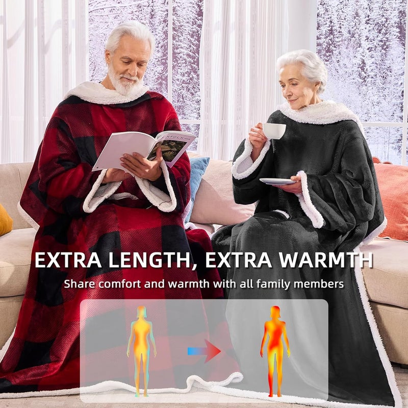 IFNOW Sherpa Wearable Blanket with Sleeves for Women Men Adults, Cozy Wearable Blanket with Arm and Pocket, Warm Full Body TV Wrap Throw Blanket, Soft Robe Blanket as Gifts for Mom Wife, Black - Image 4