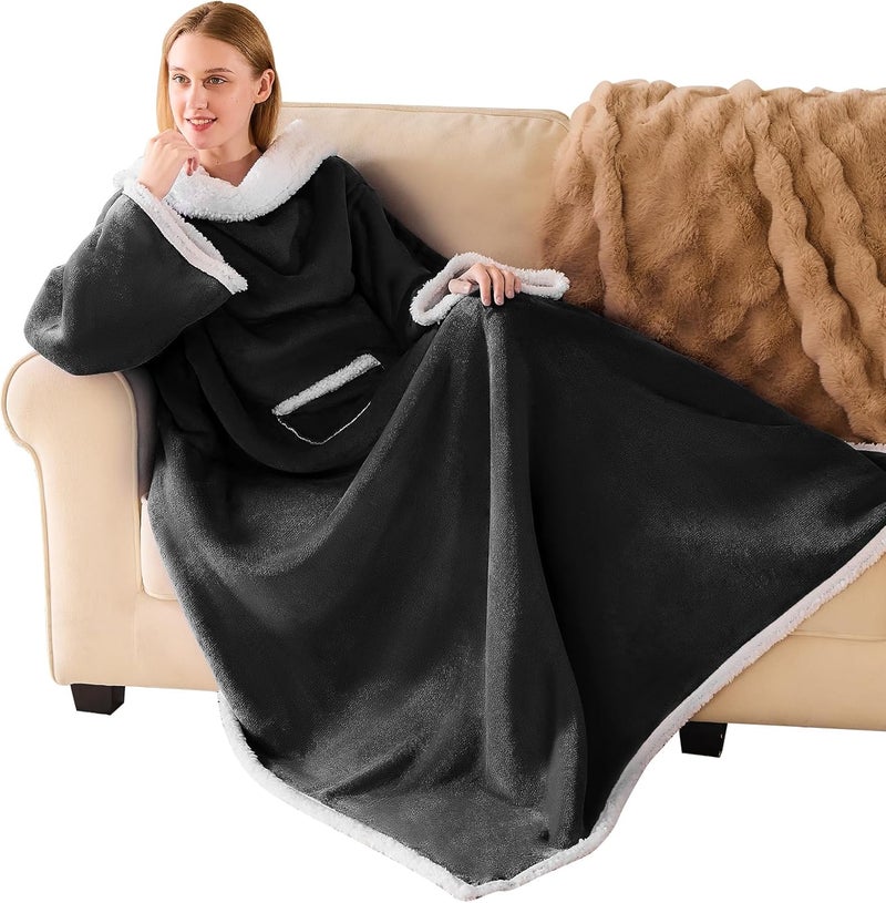 IFNOW Sherpa Wearable Blanket with Sleeves for Women Men Adults, Cozy Wearable Blanket with Arm and Pocket, Warm Full Body TV Wrap Throw Blanket, Soft Robe Blanket as Gifts for Mom Wife, Black - Image 1