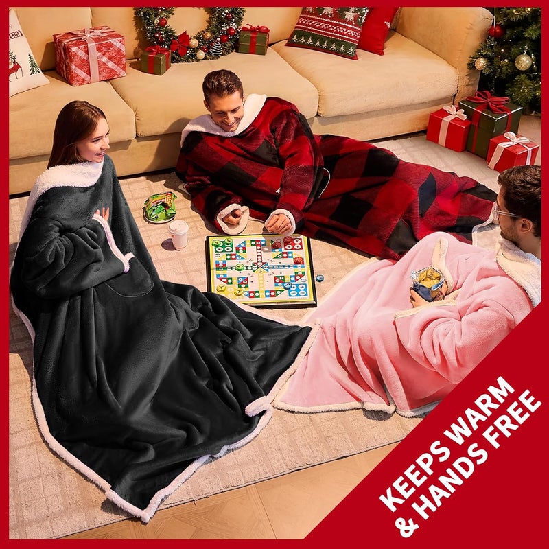 IFNOW Sherpa Wearable Blanket with Sleeves for Women Men Adults, Cozy Wearable Blanket with Arm and Pocket, Warm Full Body TV Wrap Throw Blanket, Soft Robe Blanket as Gifts for Mom Wife, Black - Image 3