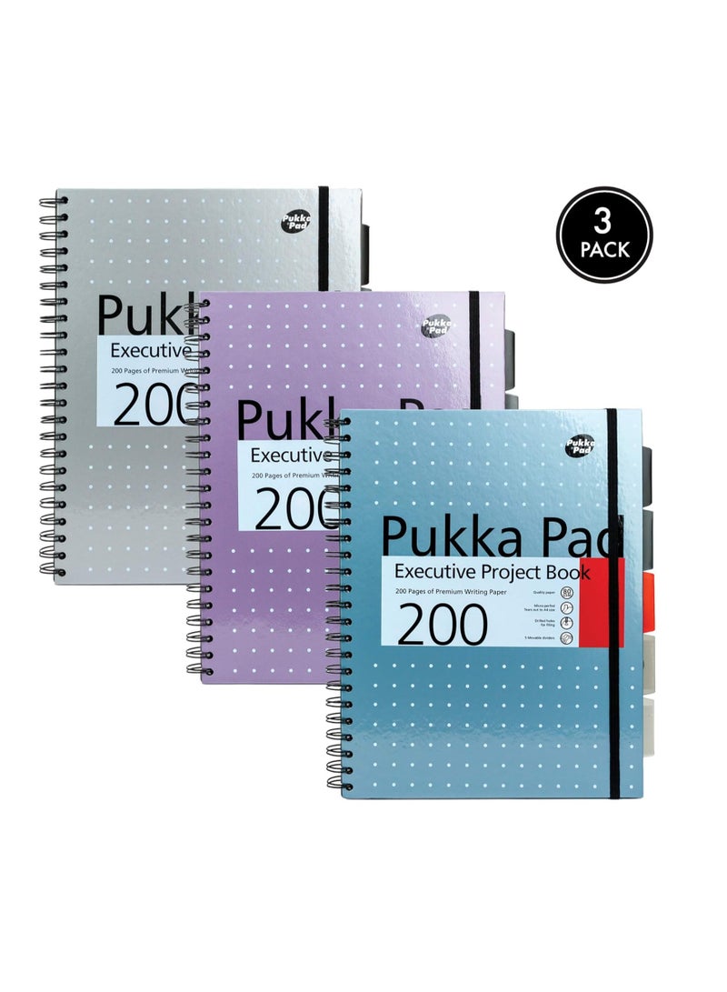 Pukka Pad دفتر مشاريع تنفيذي معدني من باكا باد، A4+ - 3 عبوات - 22.5 × 29.6 سم - 200 صفحة غلاف صلب مع تجليد سلكي مع خطوط 8 مم وورق 80 جرام - يتضمن فواصل قابلة لإعادة الترتيب مع جيب - 200 صفحة - Image 1