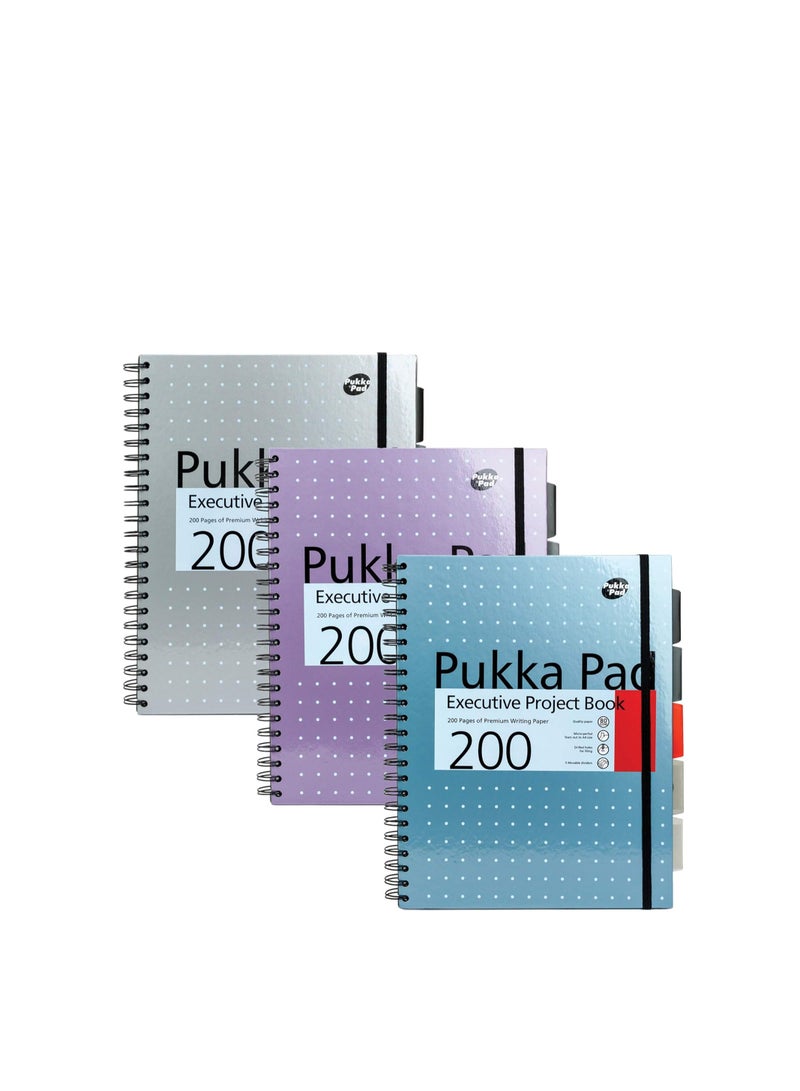 Pukka Pad دفتر مشاريع تنفيذي معدني من باكا باد، A4+ - 3 عبوات - 22.5 × 29.6 سم - 200 صفحة غلاف صلب مع تجليد سلكي مع خطوط 8 مم وورق 80 جرام - يتضمن فواصل قابلة لإعادة الترتيب مع جيب - 200 صفحة - Image 2