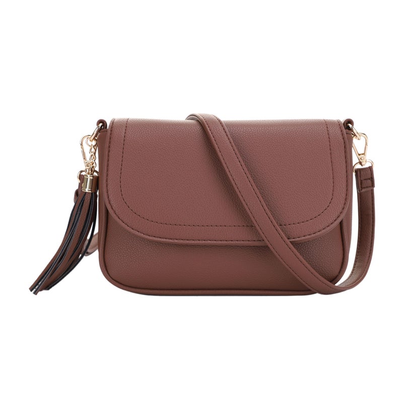 EVVE Small Crossbody Bag for Women Trendy Flap Saddle Purses with Tassel Vegan leather Crossbody Shoulder bag- Brown - Image 1