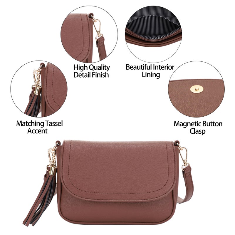 EVVE Small Crossbody Bag for Women Trendy Flap Saddle Purses with Tassel Vegan leather Crossbody Shoulder bag- Brown - Image 5