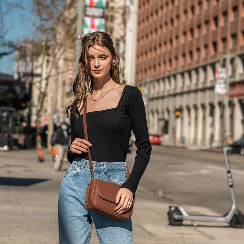 EVVE Small Crossbody Bag for Women Trendy Flap Saddle Purses with Tassel Vegan leather Crossbody Shoulder bag- Brown - Image 2