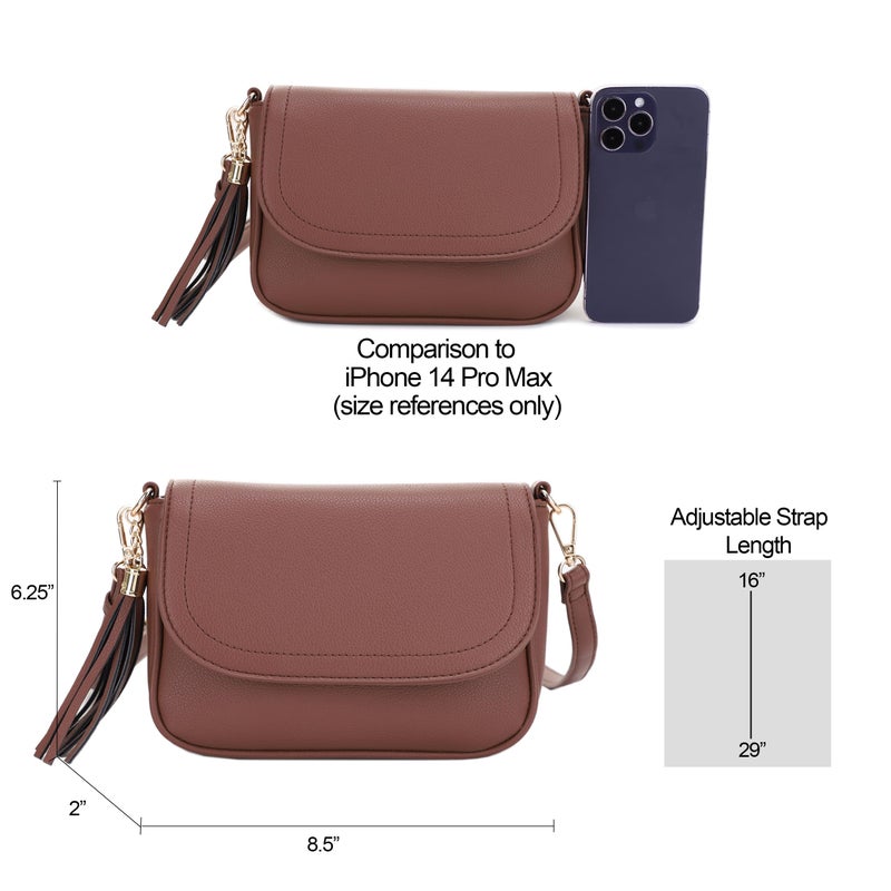 EVVE Small Crossbody Bag for Women Trendy Flap Saddle Purses with Tassel Vegan leather Crossbody Shoulder bag- Brown - Image 4