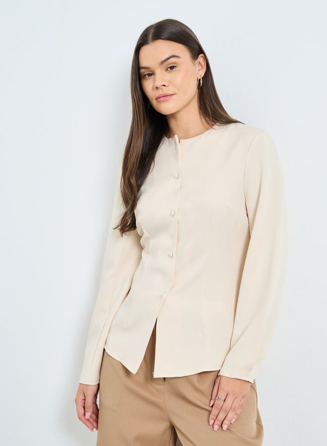 Styli Solid Button Down Long Sleeve Blouse - Image 1