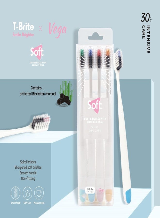 Funspark T-Brite × Vega Soft Toothbrush 4-Pack – Spiral Bristles, Bamboo Charcoal Core, Ultra-Soft Gum Care, Compact Head, Sensitive Teeth Cleaning, Deep Stain Removal Oral Care Set - Image 3
