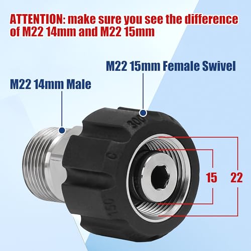 M MINGLE Pressure Washer Adapter, Metric M22 15mm Female Thread to M22 14mm Male Fitting, Stainless Steel, 4500 PSI - Image 3