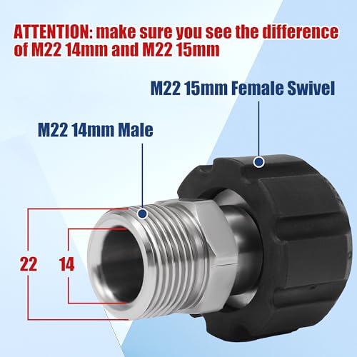 M MINGLE Pressure Washer Adapter, Metric M22 15mm Female Thread to M22 14mm Male Fitting, Stainless Steel, 4500 PSI - Image 4