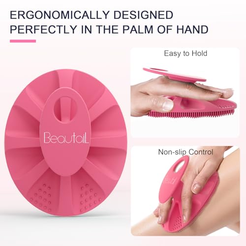 BEAUTAIL Silicone Body Scrubber Shower Bath Wash Brush Gentle Exfoliating Scrub Cleansing Loofah for Women Men Baby Sensitive Skin, Easy to Clean, Lather Nicely, More Hygienic, 1 Pack, Pink - Image 5
