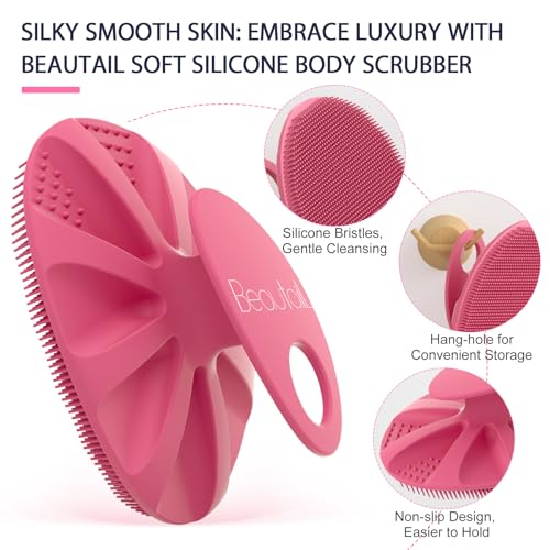 BEAUTAIL Silicone Body Scrubber Shower Bath Wash Brush Gentle Exfoliating Scrub Cleansing Loofah for Women Men Baby Sensitive Skin, Easy to Clean, Lather Nicely, More Hygienic, 1 Pack, Pink - Image 4