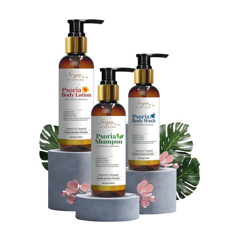 SiyaAyurveda مجموعة Siya Ayurveda للعناية بالجسم والشعر لمرض الصدفية 3  غسول الجسم لتهدئة البشرة بشكل طبيعي  شامبو للصدفية  كريمات ترطيب الجسم للرجال والنساء - Image 1