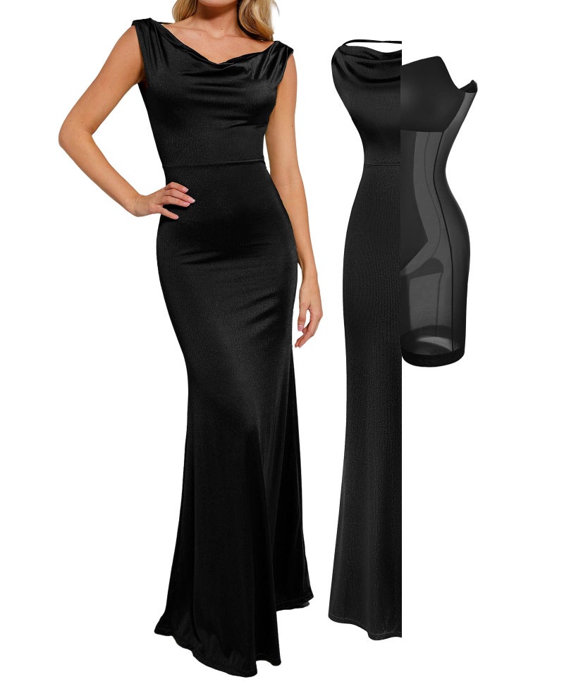 Popilush Women Shapewear Maxi Dress Sleeveless Long Formal Cocktail Party Elegant Bodycon Dresses Built-in Bra Black - Image 1