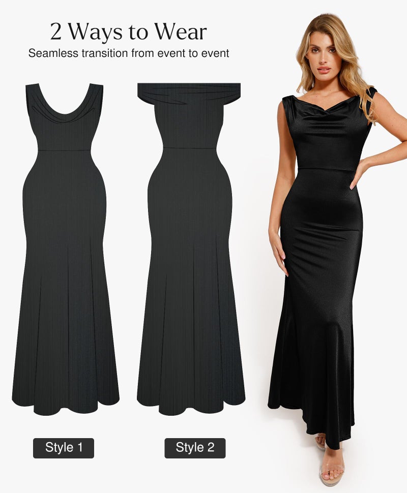 Popilush Women Shapewear Maxi Dress Sleeveless Long Formal Cocktail Party Elegant Bodycon Dresses Built-in Bra Black - Image 2