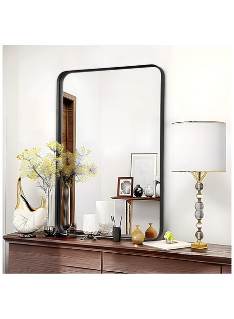 مرآة حمام، مرآة مستطيلة مستديرة مستطيلة الشكل 40 × 50 سم، مرآة حائط بإطار من سبائك الألومنيوم، مرايا كبيرة حديثة للحمام، غرفة النوم، الغرور، يمكن تعليقها عموديًا أو أفقيًا