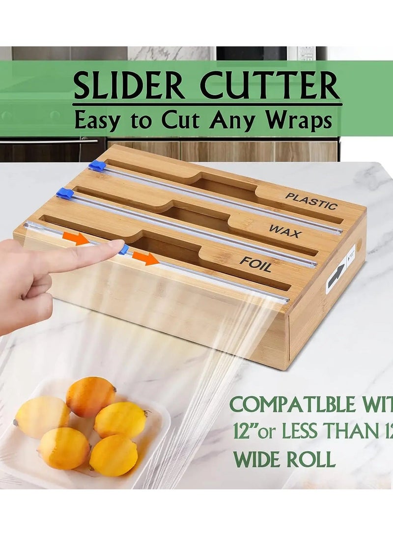 أولودينيز  موزع تغليف 2 في 1 من الخيزران مع قاطع – منظم رقائق الألمنيوم والبلاستيك وورق الشمع لأدراج المطبخ – صديق للبيئة - Image 1