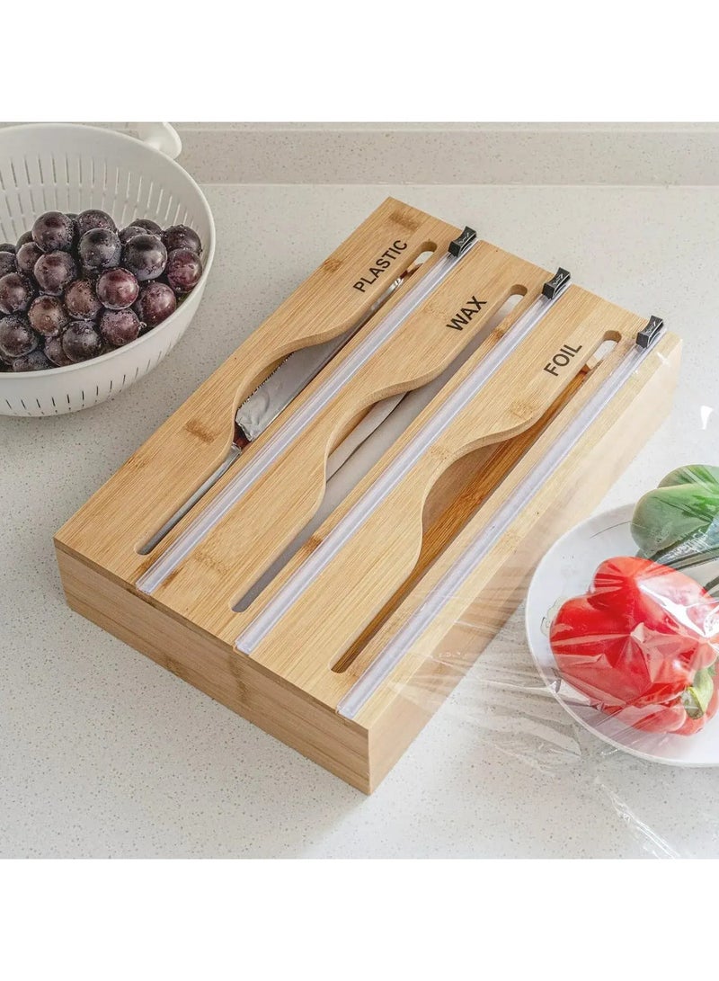 أولودينيز  موزع تغليف 2 في 1 من الخيزران مع قاطع – منظم رقائق الألمنيوم والبلاستيك وورق الشمع لأدراج المطبخ – صديق للبيئة - Image 2