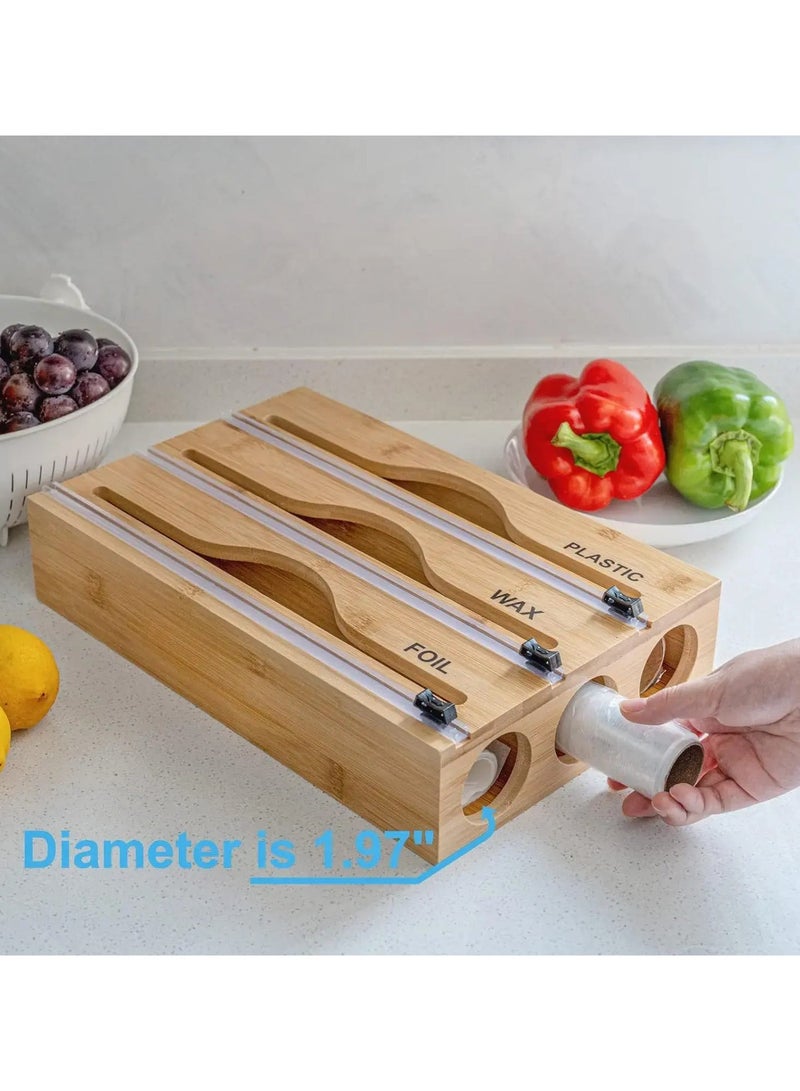 أولودينيز  موزع تغليف 2 في 1 من الخيزران مع قاطع – منظم رقائق الألمنيوم والبلاستيك وورق الشمع لأدراج المطبخ – صديق للبيئة - Image 3