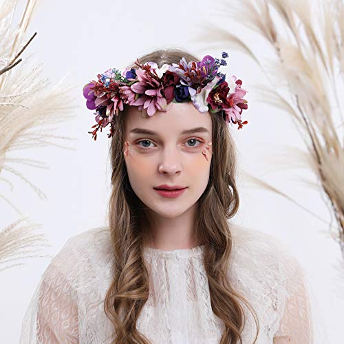 LLinfflr Women Floral Crown Boho Flower Headband Hair Wreath Floral Halo Headpiece with Ribbon Wedding Party Photos Purple - Image 2