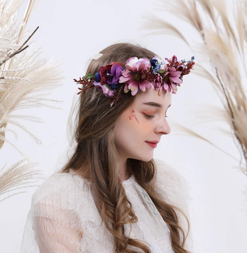 LLinfflr Women Floral Crown Boho Flower Headband Hair Wreath Floral Halo Headpiece with Ribbon Wedding Party Photos Purple - Image 3