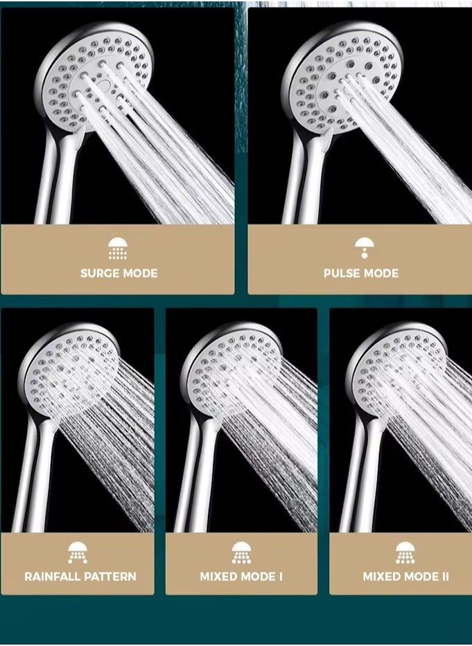 KIIUMI - Handheld Shower Head with 1.3m Hose, Pressurised Shower Head, 5 Water Flow Modes, Comfortable Chrome Shower, Anti-Twist Durable,Silver - Image 1