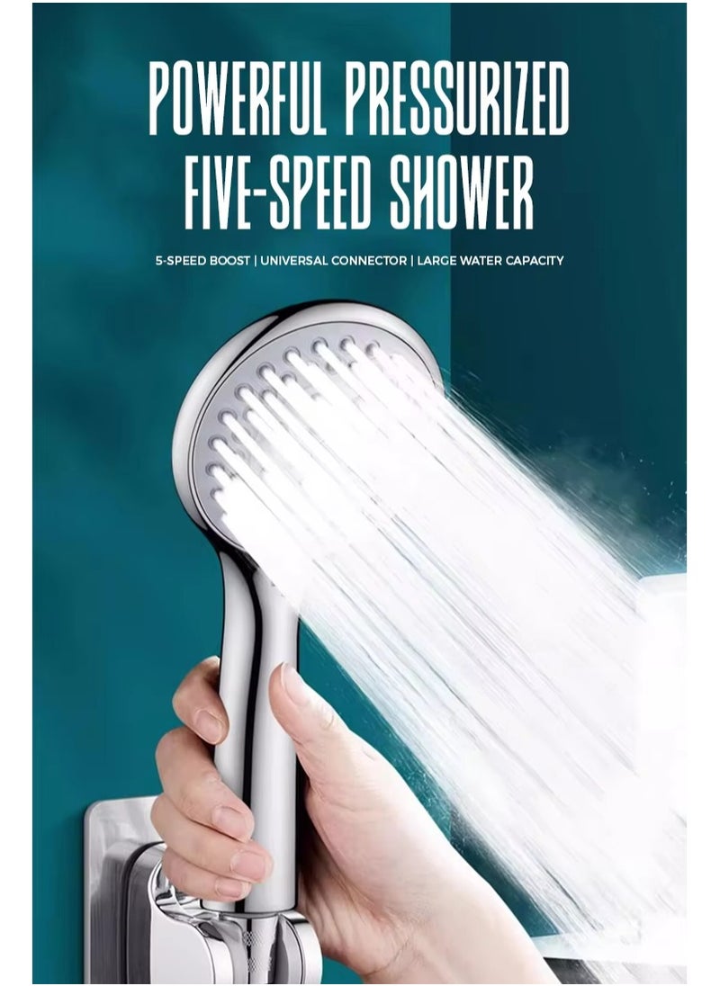 KIIUMI - Handheld Shower Head with 1.3m Hose, Pressurised Shower Head, 5 Water Flow Modes, Comfortable Chrome Shower, Anti-Twist Durable,Silver - Image 1