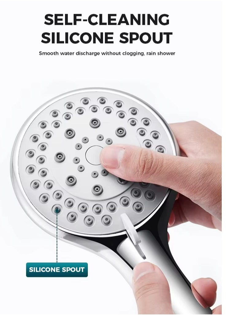 KIIUMI - Handheld Shower Head with 1.3m Hose, Pressurised Shower Head, 5 Water Flow Modes, Comfortable Chrome Shower, Anti-Twist Durable,Silver - Image 1