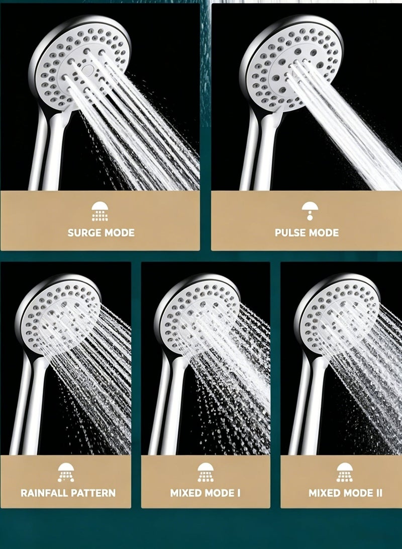 KIIUMI Handheld Shower Head with 1.3m Hose, Pressurised Shower Head, 5 Water Flow Modes, Comfortable Chrome Shower, Anti-Twist Durable,Silver - Image 3