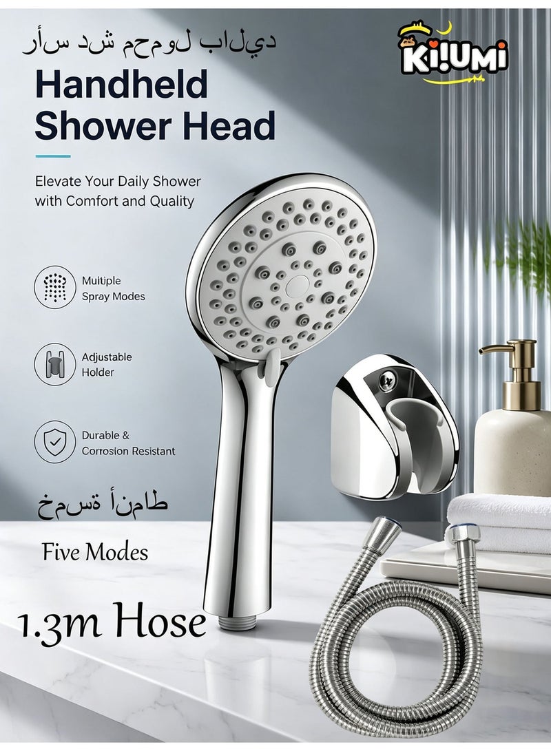 KIIUMI Handheld Shower Head with 1.3m Hose, Pressurised Shower Head, 5 Water Flow Modes, Comfortable Chrome Shower, Anti-Twist Durable,Silver - Image 1