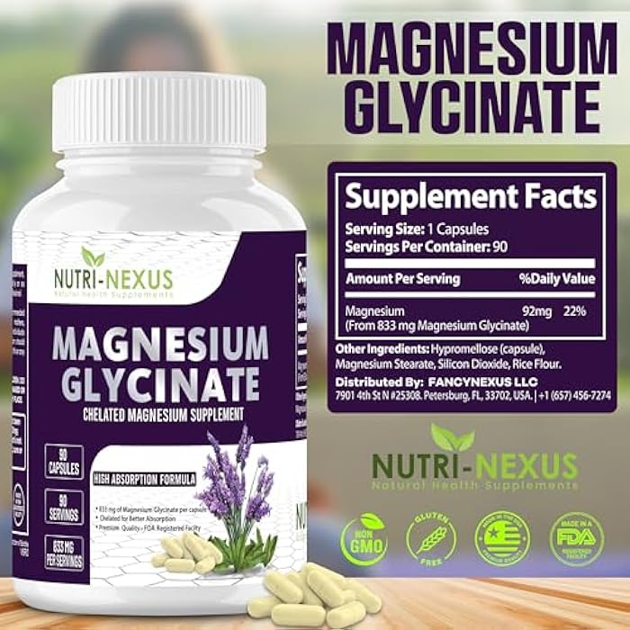 NUTRI-NEXUS Magnesium Glycinate 833mg - 90 Vegan Capsules | Gluten Free, High Absorption Chelated Magnesium Glycinate for Sleep, Muscle, Heart, Metabolism Support | - Image 2