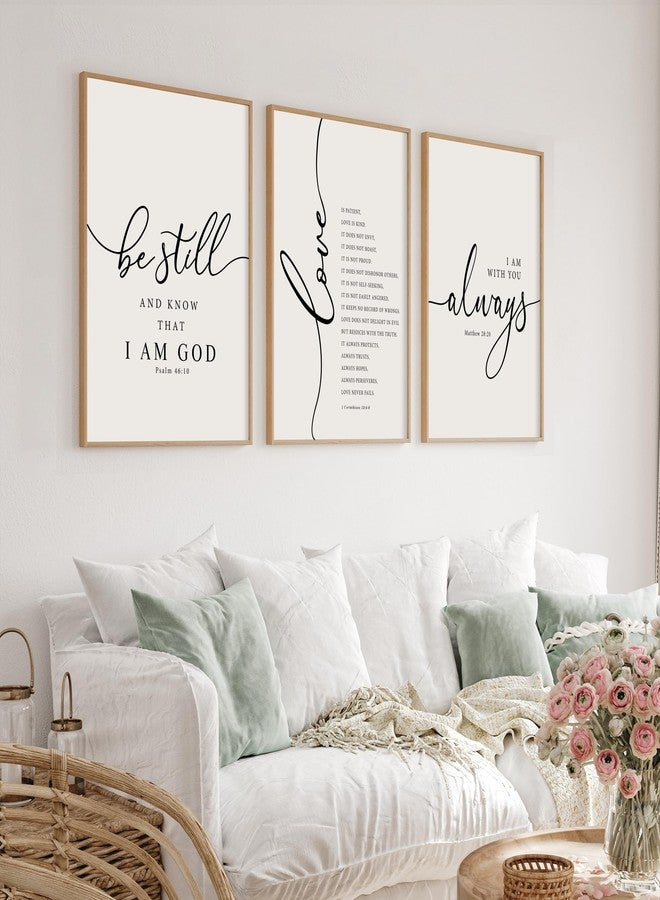 Heiple Framed Be Still and Know that I am God Sign Love is Patient Love is Kind Wall Art Set of 3 with Wooden Frame for Home Bedroom Decor Bible Verse Scripture Art Christian Religious Wall Decor - Image 1