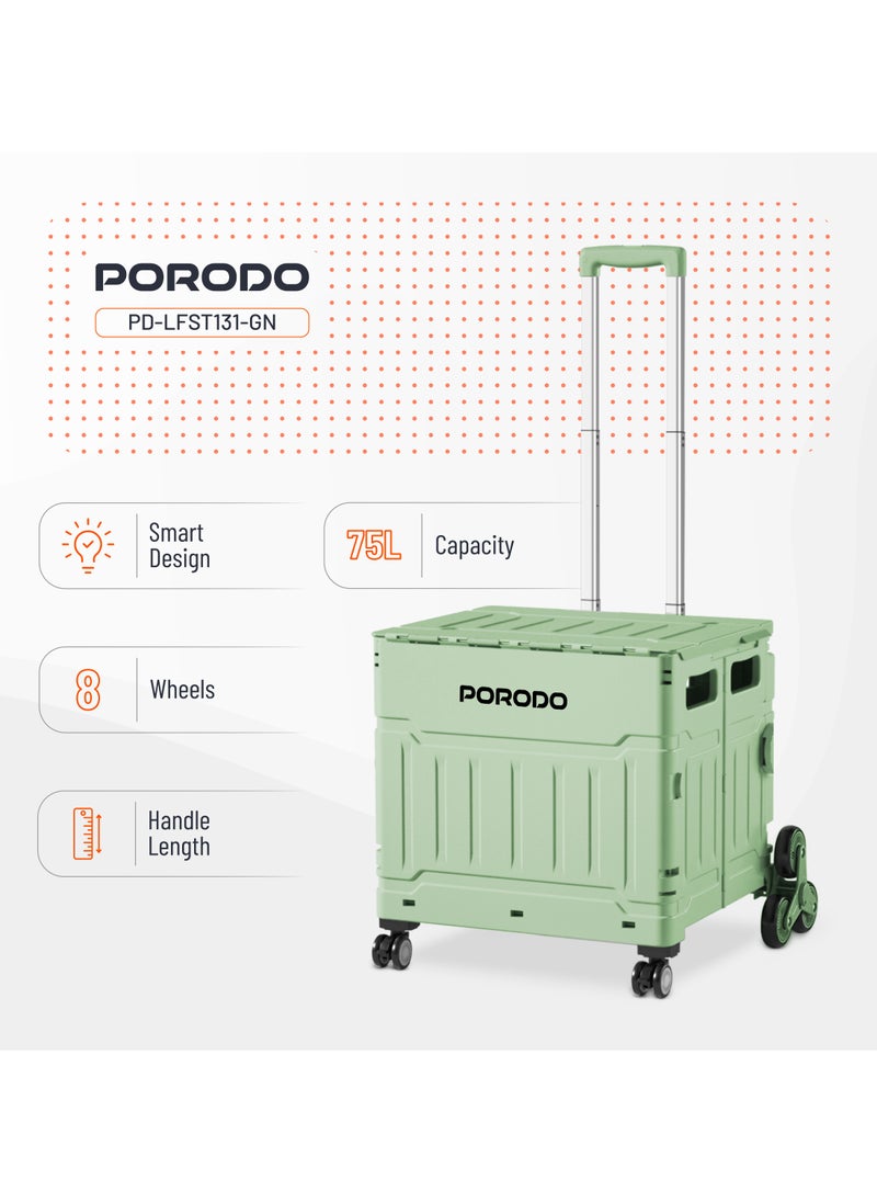 porodo Lifestyle 75L Collapsible Wagon Cart with 8 Wheels and Smart Design / x2 Rotatable Tri-Wheels & x2 Small 360° Wheels / PP Body Material / Steel Tie Rod Handle / PP + TPU Wheels - Green  - Image 4