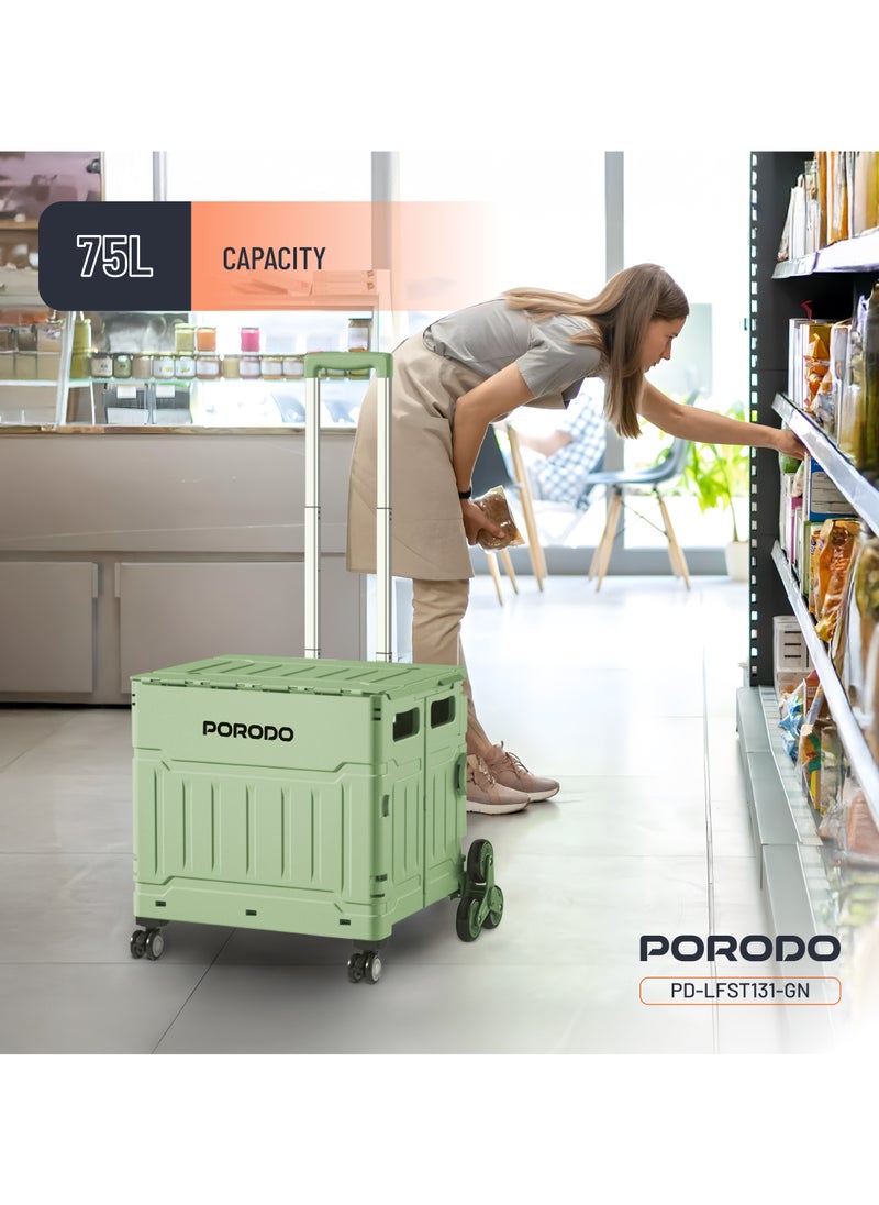 porodo - Lifestyle 75L Collapsible Wagon Cart with 8 Wheels and Smart Design / x2 Rotatable Tri-Wheels & x2 Small 360° Wheels / PP Body Material / Steel Tie Rod Handle / PP + TPU Wheels - Green - Image 1