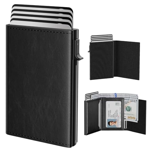 typecase محفظة رجال من تايب كيس: علبة ألومنيوم قابلة للفتح، جلد طبيعي، ذكي، مانع RFID، نحيف، بسيط، جيب أمامي - سعة 9-14 بطاقة | نافذة هوية | فتحة نقود - أسود زيت وشمع - Image 1