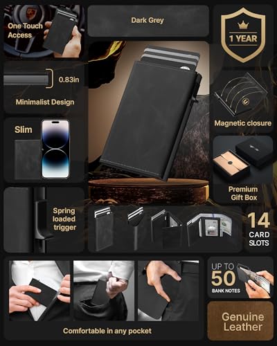 typecase محفظة رجال من تايب كيس: علبة ألومنيوم قابلة للفتح، جلد طبيعي، ذكي، مانع RFID، نحيف، بسيط، جيب أمامي - سعة 9-14 بطاقة | نافذة هوية | فتحة نقود - أسود زيت وشمع - Image 2