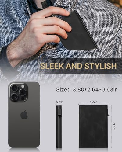 typecase محفظة رجال من تايب كيس: علبة ألومنيوم قابلة للفتح، جلد طبيعي، ذكي، مانع RFID، نحيف، بسيط، جيب أمامي - سعة 9-14 بطاقة | نافذة هوية | فتحة نقود - أسود زيت وشمع - Image 5