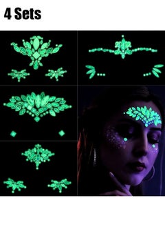 HY 4 Sets Luminous Face Jewels, Women Mermaid Gems, Glitter Rhinestone Rave Stickers, Crystals Eyes Temporary Tattoos Glow in the Dark  - Image 1