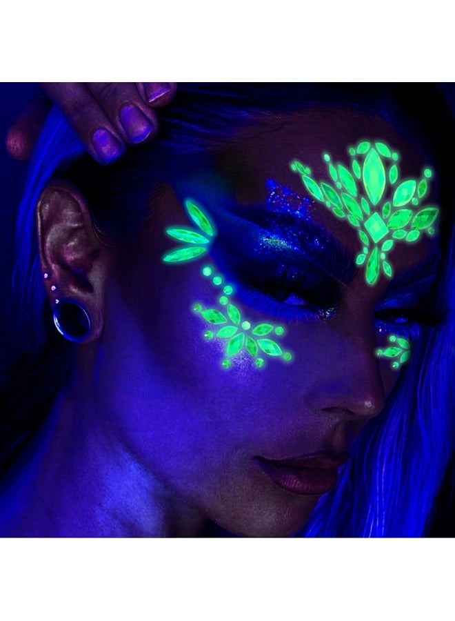 اتش واي 4 مجموعات مجوهرات الوجه المضيئة ، أحجار كريمة حورية البحر للنساء ، ملصقات الهذيان بريق حجر الراين ، بلورات عيون وشم مؤقت يتوهج في الظلام - Image 3