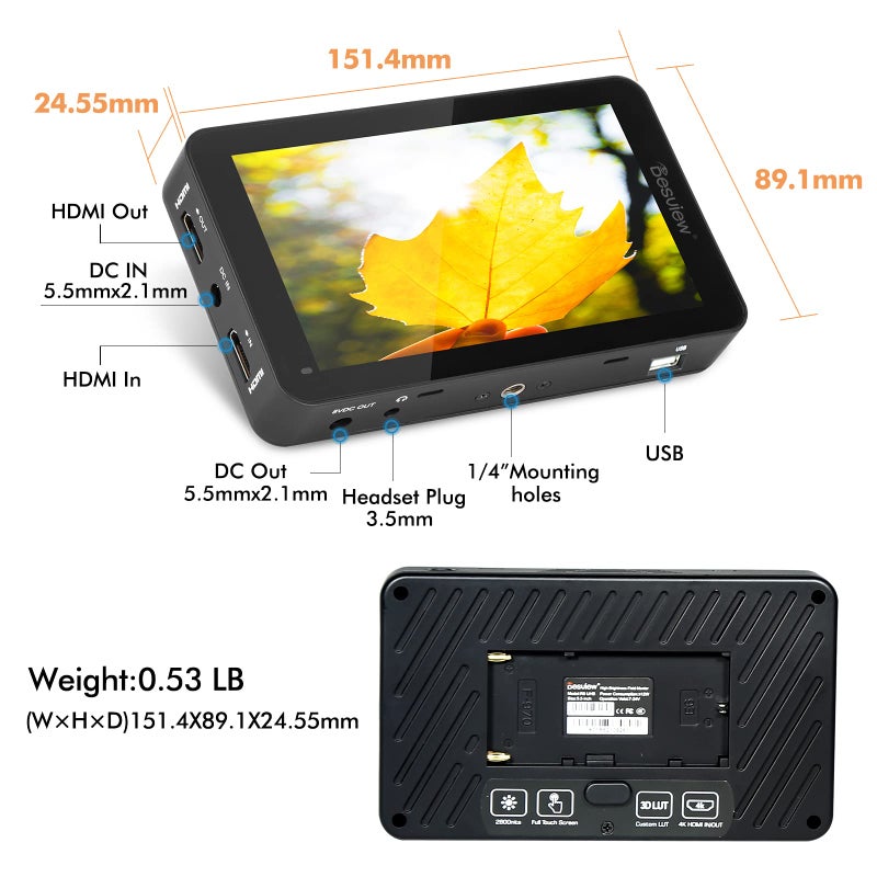 Desview R6 Camera Field Monitor 5.5inch Touchscreen Monitor, UHB 2800nits 1920x1080 IPS 4K HDMI with 3D LUT HDR Waveform Vectorscope False Color Zebra for DSLR & Mirrorless - Image 5