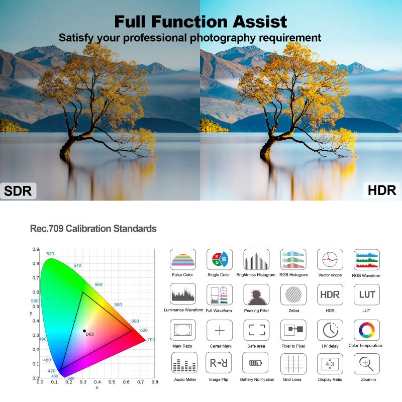 Desview R6 Camera Field Monitor 5.5inch Touchscreen Monitor, UHB 2800nits 1920x1080 IPS 4K HDMI with 3D LUT HDR Waveform Vectorscope False Color Zebra for DSLR & Mirrorless - Image 3